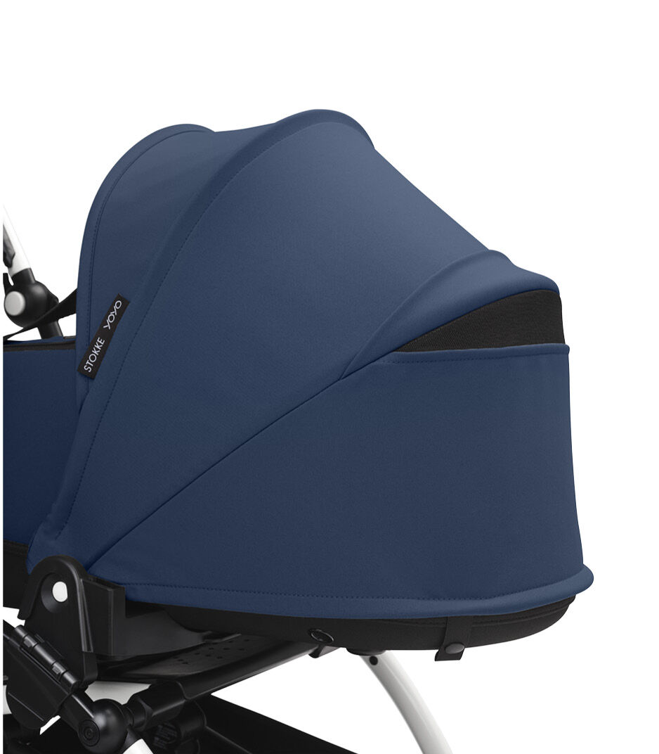 Stokke® YOYO3® Newborn Shell, Navy Blue. White Frame. Canopy ventilation open, close-up.
 galery image 4